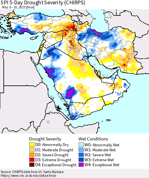 Middle East and Turkey SPI 5-Day Drought Severity (CHIRPS) Thematic Map For 5/6/2023 - 5/10/2023