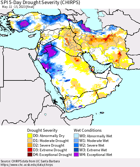 Middle East and Turkey SPI 5-Day Drought Severity (CHIRPS) Thematic Map For 5/11/2023 - 5/15/2023