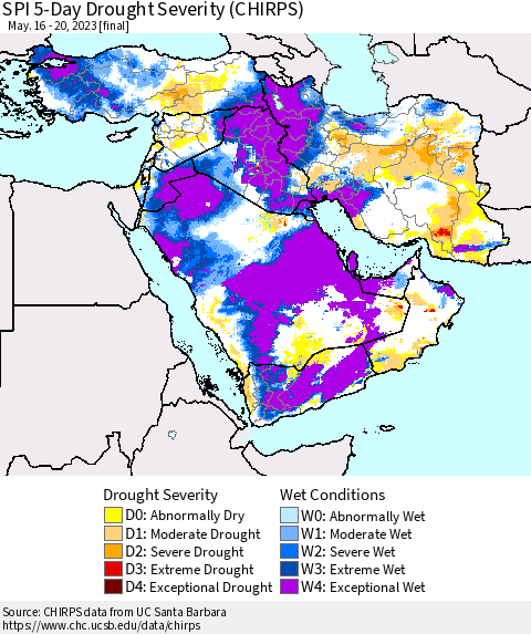 Middle East and Turkey SPI 5-Day Drought Severity (CHIRPS) Thematic Map For 5/16/2023 - 5/20/2023