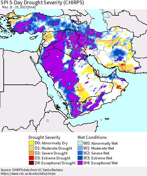 Middle East and Turkey SPI 5-Day Drought Severity (CHIRPS) Thematic Map For 5/21/2023 - 5/25/2023