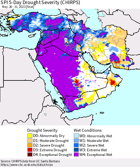 Middle East and Turkey SPI 5-Day Drought Severity (CHIRPS) Thematic Map For 5/26/2023 - 5/31/2023