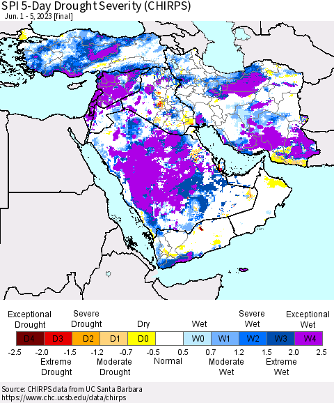Middle East and Turkey SPI 5-Day Drought Severity (CHIRPS) Thematic Map For 6/1/2023 - 6/5/2023
