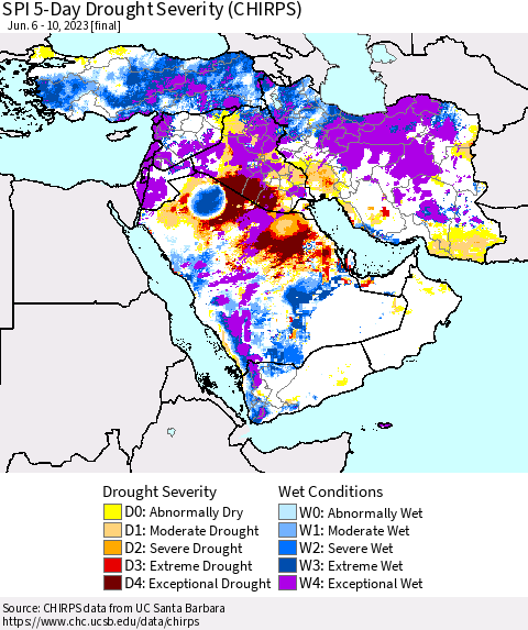 Middle East and Turkey SPI 5-Day Drought Severity (CHIRPS) Thematic Map For 6/6/2023 - 6/10/2023