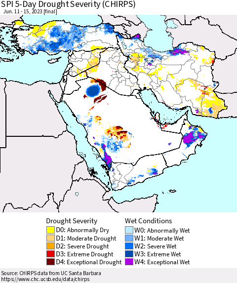 Middle East and Turkey SPI 5-Day Drought Severity (CHIRPS) Thematic Map For 6/11/2023 - 6/15/2023