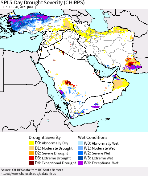 Middle East and Turkey SPI 5-Day Drought Severity (CHIRPS) Thematic Map For 6/16/2023 - 6/20/2023