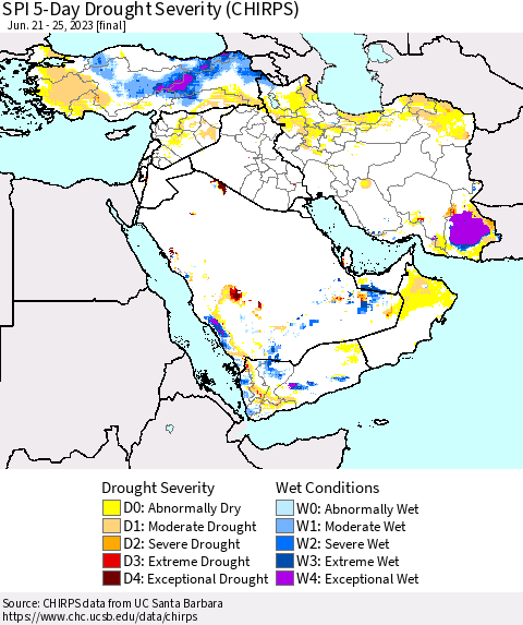 Middle East and Turkey SPI 5-Day Drought Severity (CHIRPS) Thematic Map For 6/21/2023 - 6/25/2023