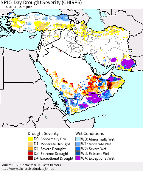 Middle East and Turkey SPI 5-Day Drought Severity (CHIRPS) Thematic Map For 6/26/2023 - 6/30/2023