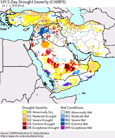 Middle East and Turkey SPI 5-Day Drought Severity (CHIRPS) Thematic Map For 7/1/2023 - 7/5/2023