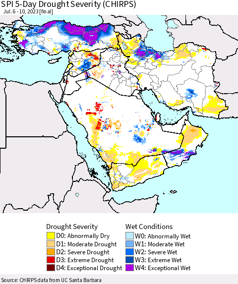 Middle East and Turkey SPI 5-Day Drought Severity (CHIRPS) Thematic Map For 7/6/2023 - 7/10/2023