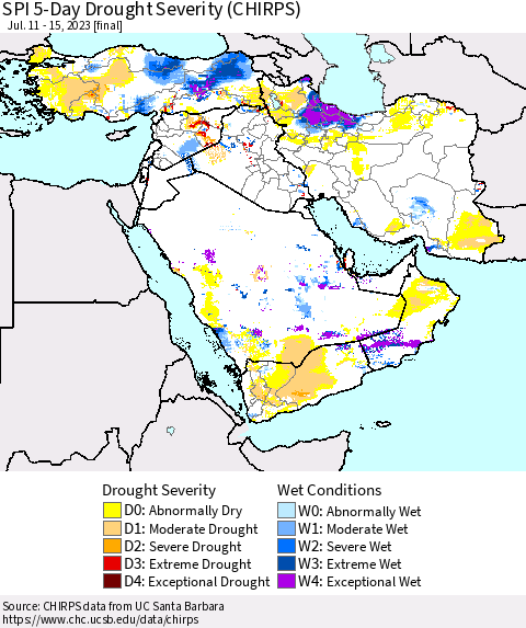 Middle East and Turkey SPI 5-Day Drought Severity (CHIRPS) Thematic Map For 7/11/2023 - 7/15/2023