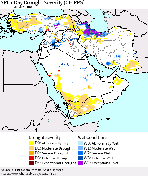Middle East and Turkey SPI 5-Day Drought Severity (CHIRPS) Thematic Map For 7/16/2023 - 7/20/2023