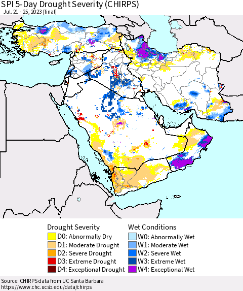 Middle East and Turkey SPI 5-Day Drought Severity (CHIRPS) Thematic Map For 7/21/2023 - 7/25/2023