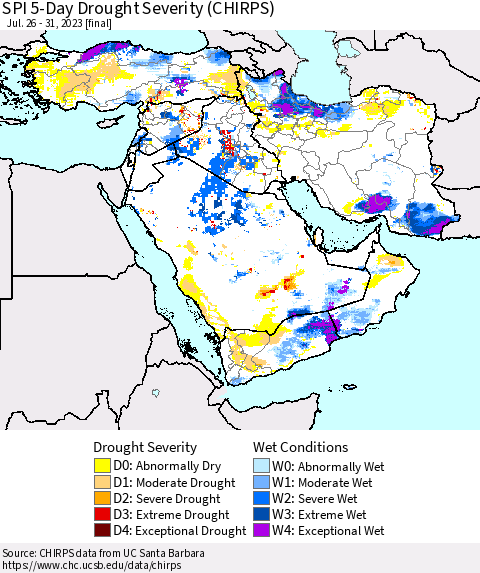 Middle East and Turkey SPI 5-Day Drought Severity (CHIRPS) Thematic Map For 7/26/2023 - 7/31/2023