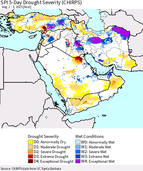 Middle East and Turkey SPI 5-Day Drought Severity (CHIRPS) Thematic Map For 8/1/2023 - 8/5/2023