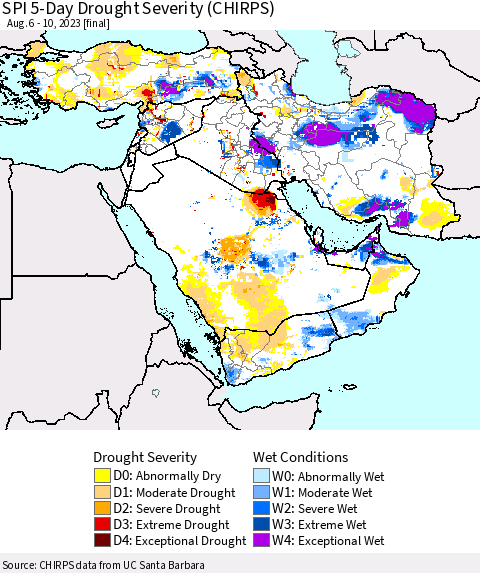 Middle East and Turkey SPI 5-Day Drought Severity (CHIRPS) Thematic Map For 8/6/2023 - 8/10/2023