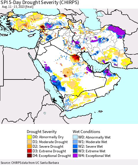 Middle East and Turkey SPI 5-Day Drought Severity (CHIRPS) Thematic Map For 8/11/2023 - 8/15/2023