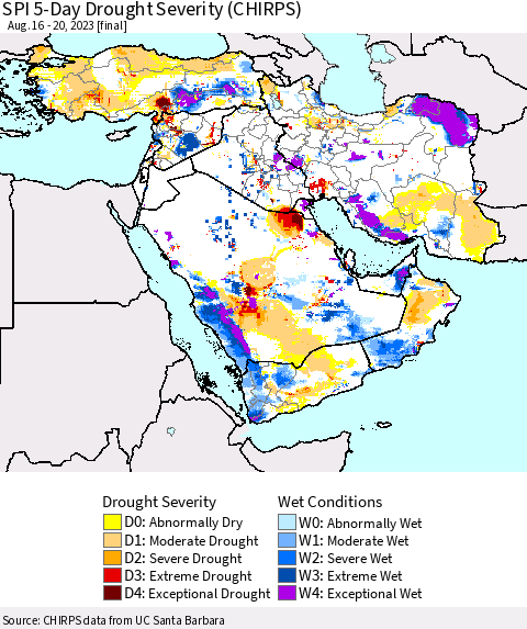 Middle East and Turkey SPI 5-Day Drought Severity (CHIRPS) Thematic Map For 8/16/2023 - 8/20/2023
