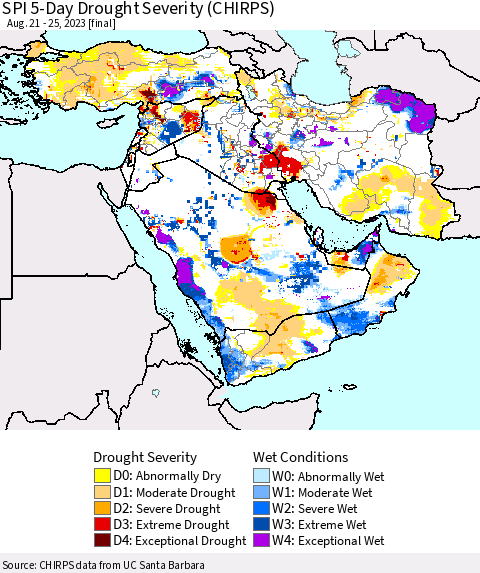 Middle East and Turkey SPI 5-Day Drought Severity (CHIRPS) Thematic Map For 8/21/2023 - 8/25/2023
