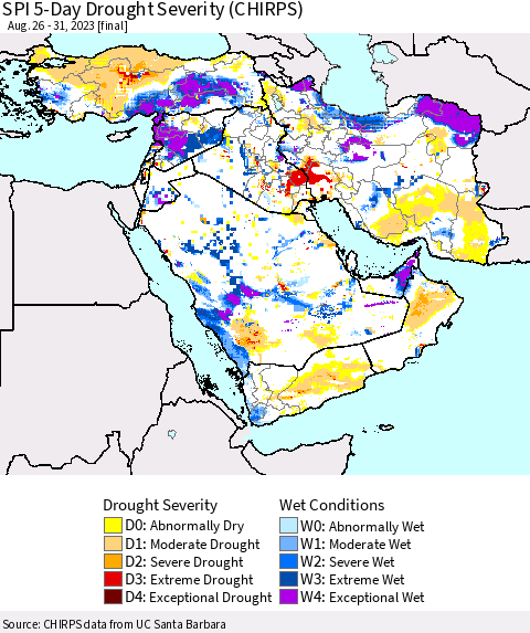 Middle East and Turkey SPI 5-Day Drought Severity (CHIRPS) Thematic Map For 8/26/2023 - 8/31/2023