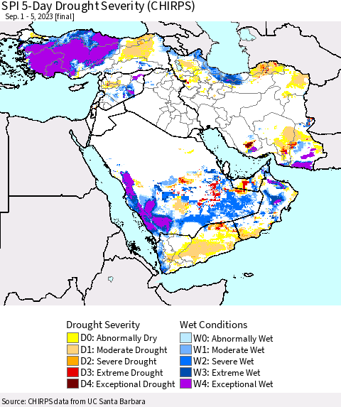 Middle East and Turkey SPI 5-Day Drought Severity (CHIRPS) Thematic Map For 9/1/2023 - 9/5/2023