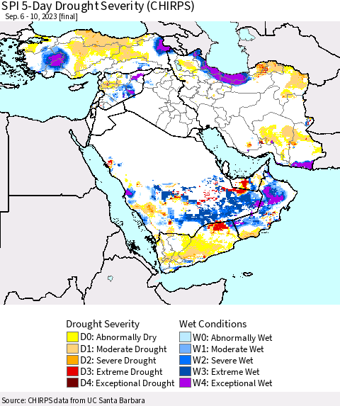 Middle East and Turkey SPI 5-Day Drought Severity (CHIRPS) Thematic Map For 9/6/2023 - 9/10/2023