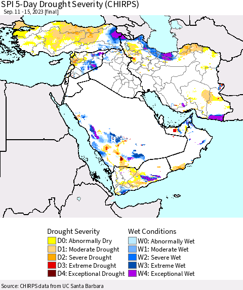 Middle East and Turkey SPI 5-Day Drought Severity (CHIRPS) Thematic Map For 9/11/2023 - 9/15/2023