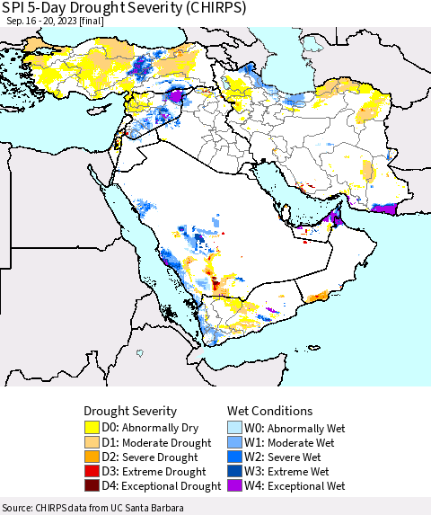 Middle East and Turkey SPI 5-Day Drought Severity (CHIRPS) Thematic Map For 9/16/2023 - 9/20/2023