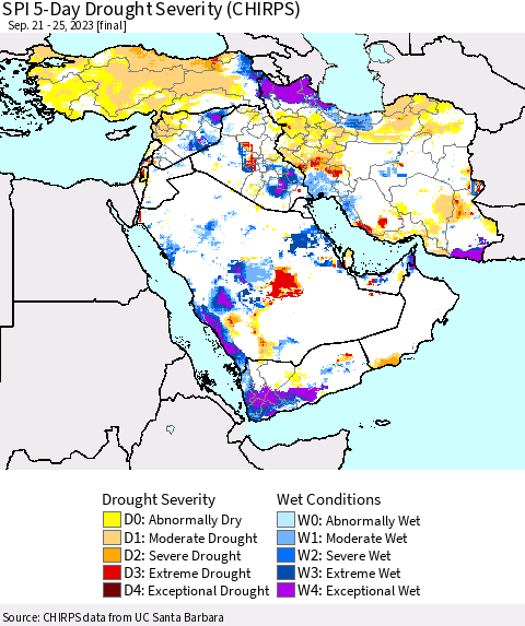 Middle East and Turkey SPI 5-Day Drought Severity (CHIRPS) Thematic Map For 9/21/2023 - 9/25/2023