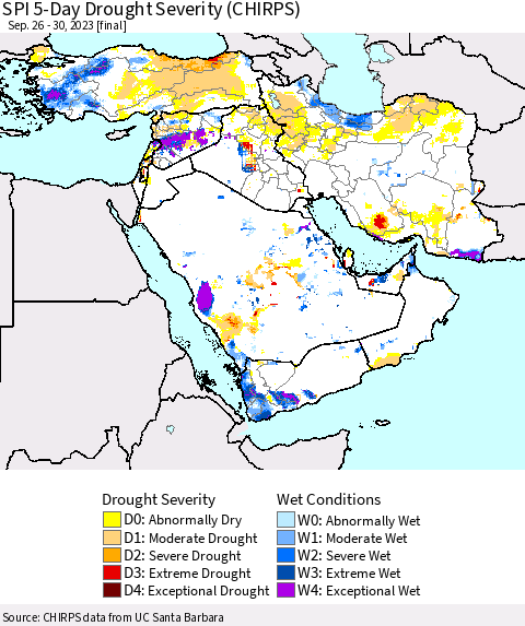 Middle East and Turkey SPI 5-Day Drought Severity (CHIRPS) Thematic Map For 9/26/2023 - 9/30/2023