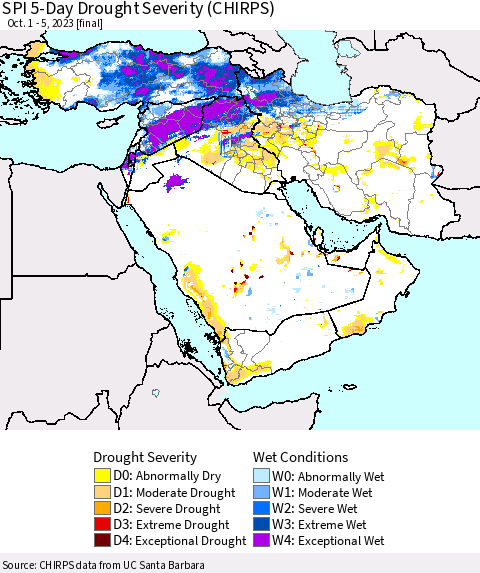 Middle East and Turkey SPI 5-Day Drought Severity (CHIRPS) Thematic Map For 10/1/2023 - 10/5/2023