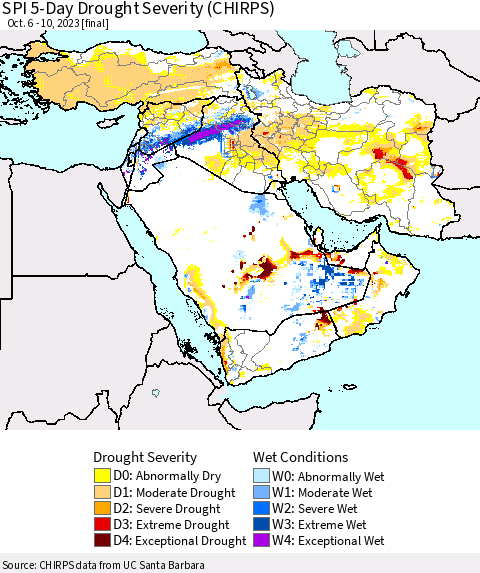 Middle East and Turkey SPI 5-Day Drought Severity (CHIRPS) Thematic Map For 10/6/2023 - 10/10/2023