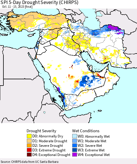 Middle East and Turkey SPI 5-Day Drought Severity (CHIRPS) Thematic Map For 10/11/2023 - 10/15/2023