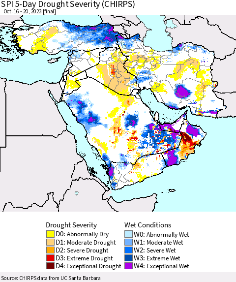 Middle East and Turkey SPI 5-Day Drought Severity (CHIRPS) Thematic Map For 10/16/2023 - 10/20/2023