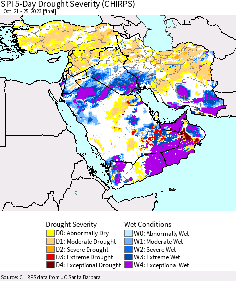 Middle East and Turkey SPI 5-Day Drought Severity (CHIRPS) Thematic Map For 10/21/2023 - 10/25/2023