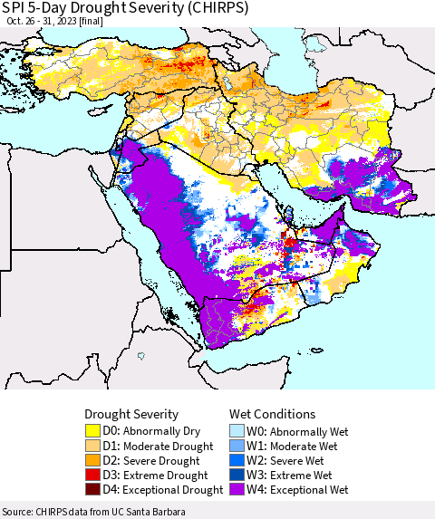 Middle East and Turkey SPI 5-Day Drought Severity (CHIRPS) Thematic Map For 10/26/2023 - 10/31/2023