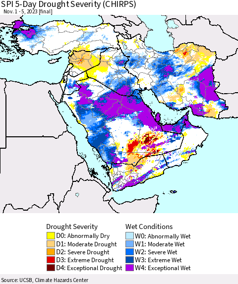 Middle East and Turkey SPI 5-Day Drought Severity (CHIRPS) Thematic Map For 11/1/2023 - 11/5/2023