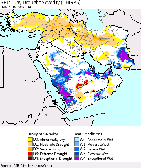 Middle East and Turkey SPI 5-Day Drought Severity (CHIRPS) Thematic Map For 11/6/2023 - 11/10/2023