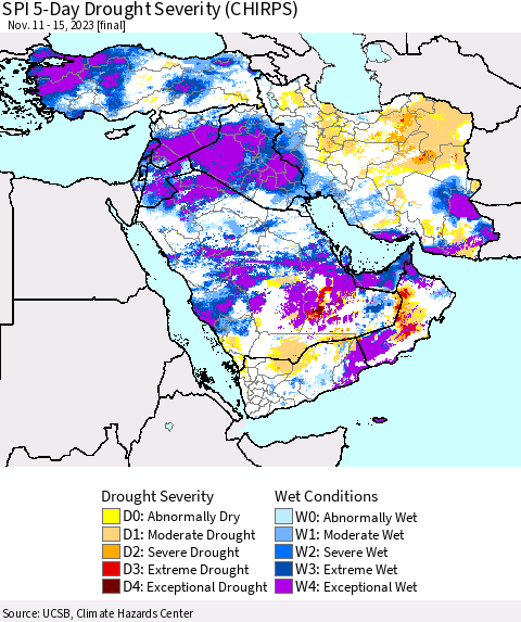 Middle East and Turkey SPI 5-Day Drought Severity (CHIRPS) Thematic Map For 11/11/2023 - 11/15/2023