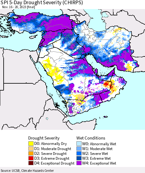Middle East and Turkey SPI 5-Day Drought Severity (CHIRPS) Thematic Map For 11/16/2023 - 11/20/2023