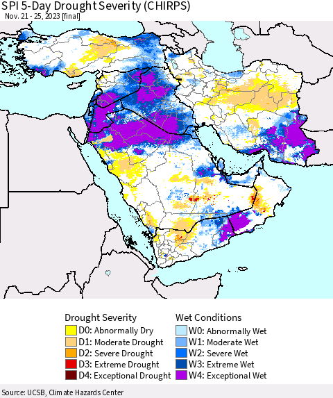 Middle East and Turkey SPI 5-Day Drought Severity (CHIRPS) Thematic Map For 11/21/2023 - 11/25/2023