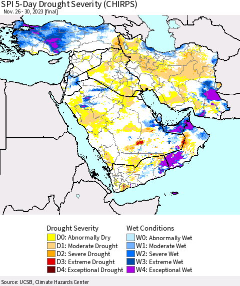 Middle East and Turkey SPI 5-Day Drought Severity (CHIRPS) Thematic Map For 11/26/2023 - 11/30/2023