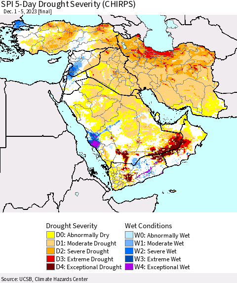 Middle East and Turkey SPI 5-Day Drought Severity (CHIRPS) Thematic Map For 12/1/2023 - 12/5/2023