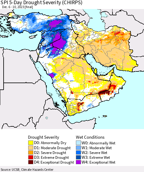 Middle East and Turkey SPI 5-Day Drought Severity (CHIRPS) Thematic Map For 12/6/2023 - 12/10/2023