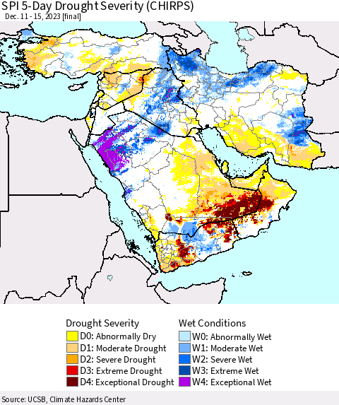 Middle East and Turkey SPI 5-Day Drought Severity (CHIRPS) Thematic Map For 12/11/2023 - 12/15/2023