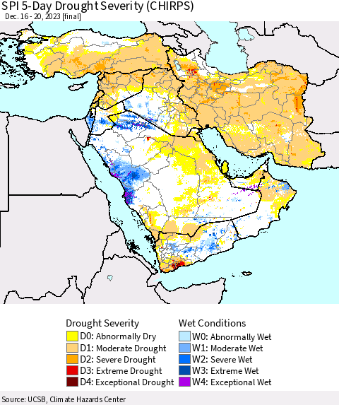 Middle East and Turkey SPI 5-Day Drought Severity (CHIRPS) Thematic Map For 12/16/2023 - 12/20/2023