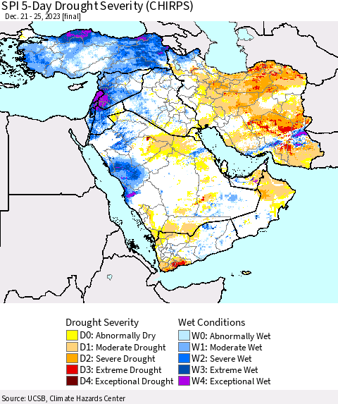 Middle East and Turkey SPI 5-Day Drought Severity (CHIRPS) Thematic Map For 12/21/2023 - 12/25/2023