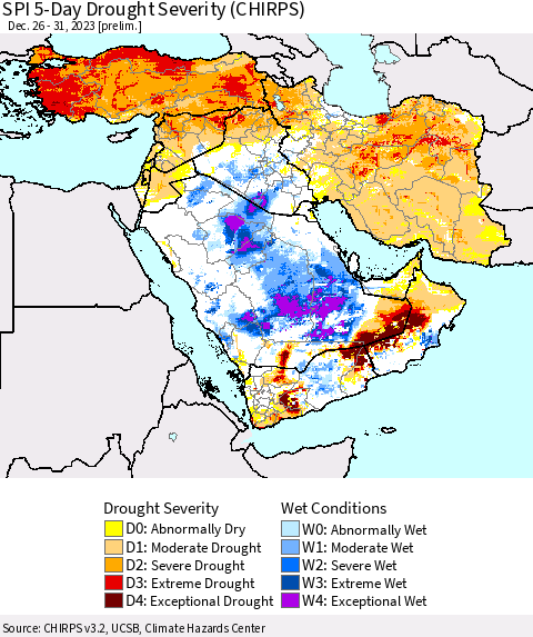 Middle East and Turkey SPI 5-Day Drought Severity (CHIRPS) Thematic Map For 12/26/2023 - 12/31/2023