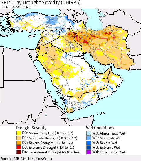 Middle East and Turkey SPI 5-Day Drought Severity (CHIRPS) Thematic Map For 1/1/2024 - 1/5/2024