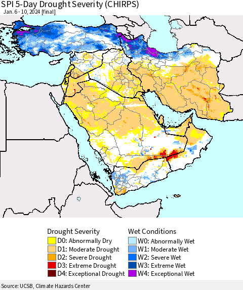 Middle East and Turkey SPI 5-Day Drought Severity (CHIRPS) Thematic Map For 1/6/2024 - 1/10/2024