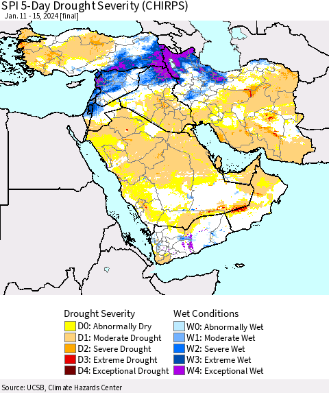 Middle East and Turkey SPI 5-Day Drought Severity (CHIRPS) Thematic Map For 1/11/2024 - 1/15/2024